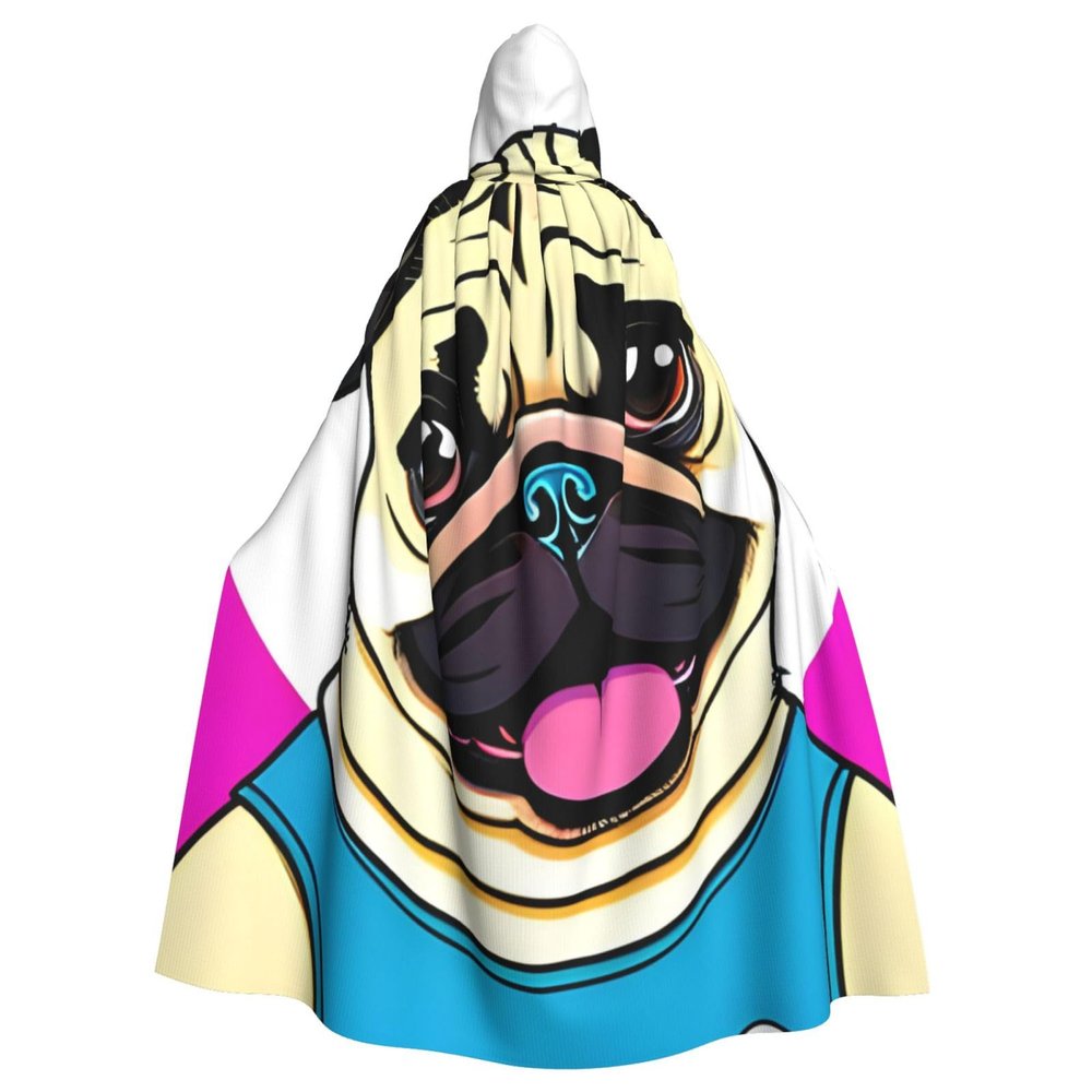 Dwrepo Funny Cartoon Pug Puppy Dog Halloween Hooded Cloak Full Length Adult Vampire Witch Cape for Halloween Cosplay Costumes