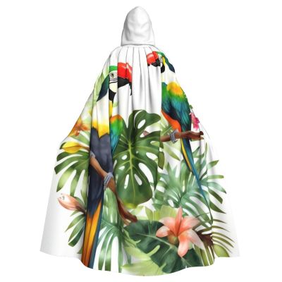 Dwrepo Toucans Parrot palm tree leaves Halloween Hooded Cloak Full Length Adult Vampire Witch Cape for Halloween Cosplay Costumes