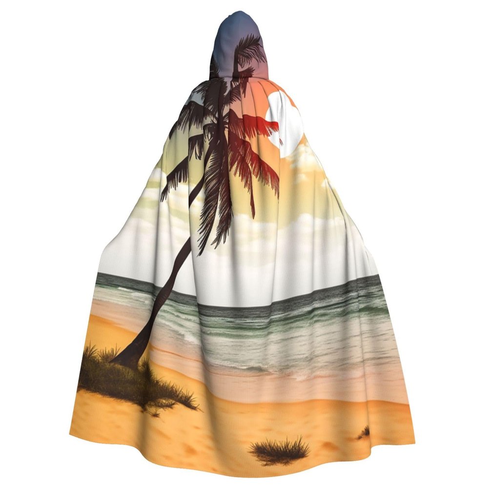 Dwrepo Palm Tree on Beach Halloween Hooded Cloak Full Length Adult Vampire Witch Cape for Halloween Cosplay Costumes