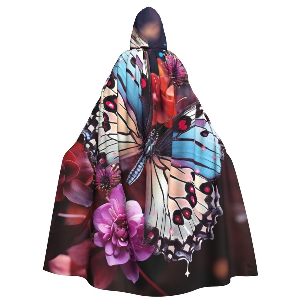 Dwrepo Colorful Butterflies on Flowers Halloween Hooded Cloak Full Length Adult Vampire Witch Cape for Halloween Cosplay Costumes
