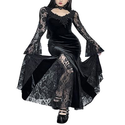 AGYMNX Women's Gothic Velvet Long Sleeve Cosplay Dress Fishtail Hem Ruched Maxi Dress Halloween Role Play Costume Black