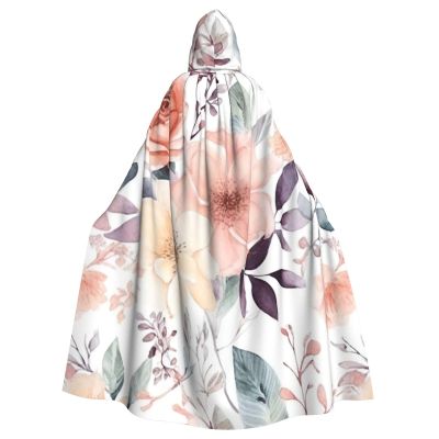 Dwrepo Watercolor Floral Pattern Halloween Hooded Cloak Full Length Adult Vampire Witch Cape for Halloween Cosplay Costumes