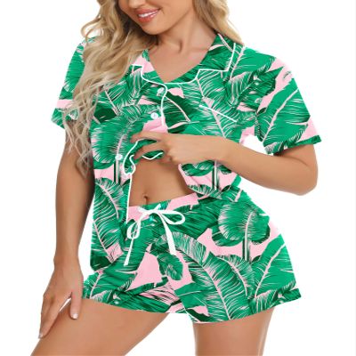 SWOMOG Womens Button Down Pajamas Set Short Sleeve Sleepwear Bride Soft Pj Lounge Sets XS-3XL Pink Leaves Small