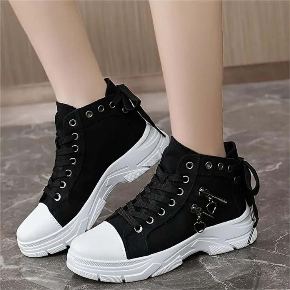 Fashion Wedge Heeled Sneakers for Women,Womens White Platform Sneakers,Casual Slip On Work Shoes Women,Comfortable Lace Up Running Shoes for Women Footwear - Fashion Sneakers for Women (C-Black, 9.5)
