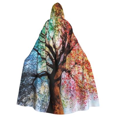 Dwrepo Colorful Tree Halloween Hooded Cloak Full Length Adult Vampire Witch Cape for Halloween Cosplay Costumes