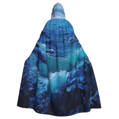 Dwrepo Blue Ocean Halloween Hooded Cloak Full Length Adult Vampire Witch Cape for Halloween Cosplay Costumes