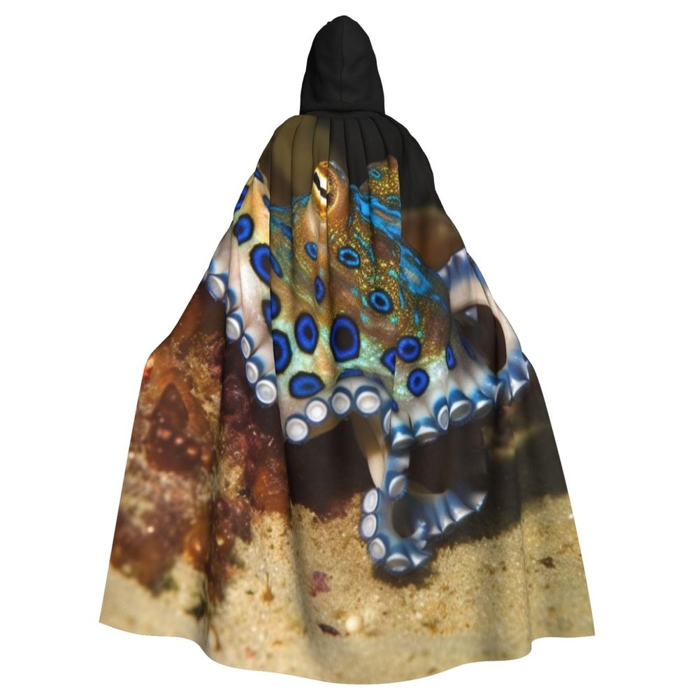 Dwrepo Blue Ring Octopus Halloween Hooded Cloak Full Length Adult Vampire Witch Cape for Halloween Cosplay Costumes