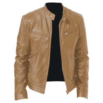 SWJGLITTR Men Faux Leather Biker Jackets Stand Collar Bomber Motorcycle Outwear Windbreaker Zip-up Slim Fit Jacket (Khaki,5X-Large)