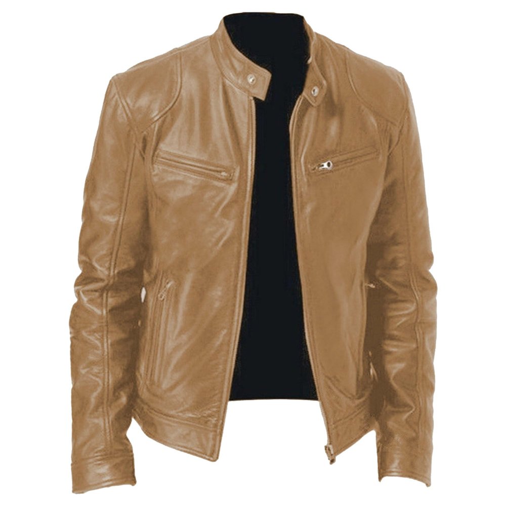 SWJGLITTR Men Faux Leather Biker Jackets Stand Collar Bomber Motorcycle Outwear Windbreaker Zip-up Slim Fit Jacket (Khaki,5X-Large)