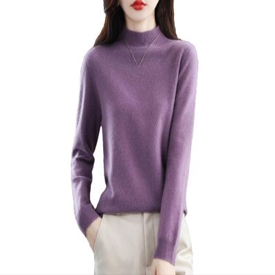 Women Half High Sweater Solid Color Cashmere Sweater for Women Loose Pullover Knitwear Top Sweater Violet L