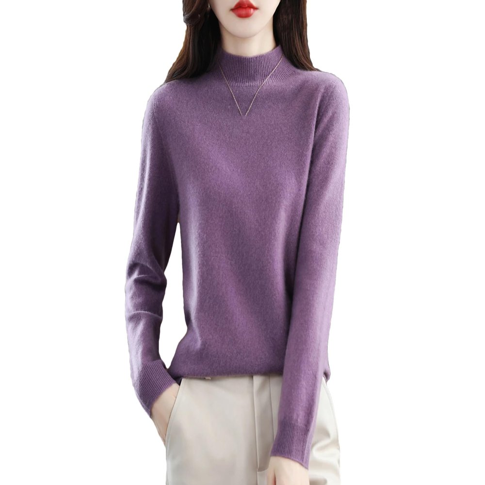Women Half High Sweater Solid Color Cashmere Sweater for Women Loose Pullover Knitwear Top Sweater Violet L