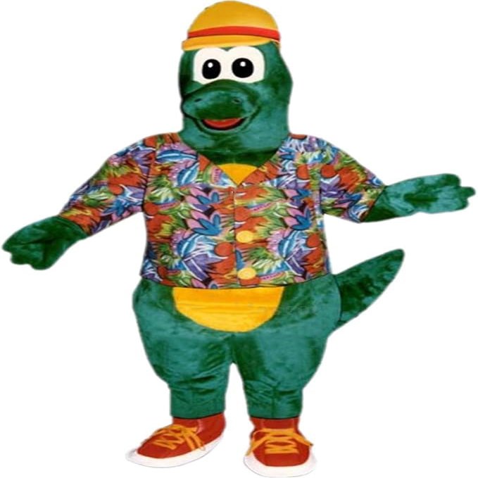 Green Gator Mascot Costume in Floral Shirt Adult Size for Men & Women with Built-in Fan Inside the Head