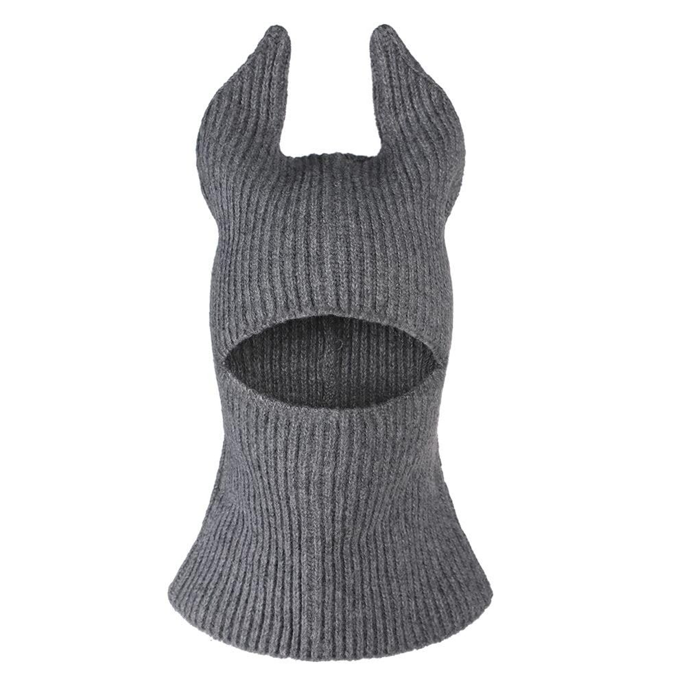Funny Devil Horns Knitted Beanies Hat Winter Full Face Cover Ski Head Mask Balaclava Hats Halloween Ox Horns Party Hat Gray
