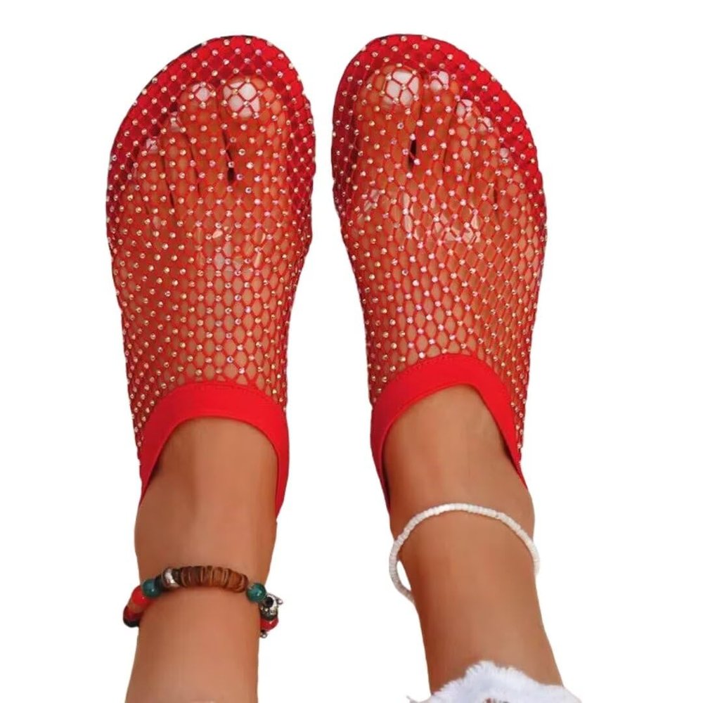 Mesh Ballet Flats Shoes for Women Buckle Strap Mary Jane Flats (Red Sock Ballet Flats, Adult, Women, 10, Numeric, US Footwear Size System, Medium)