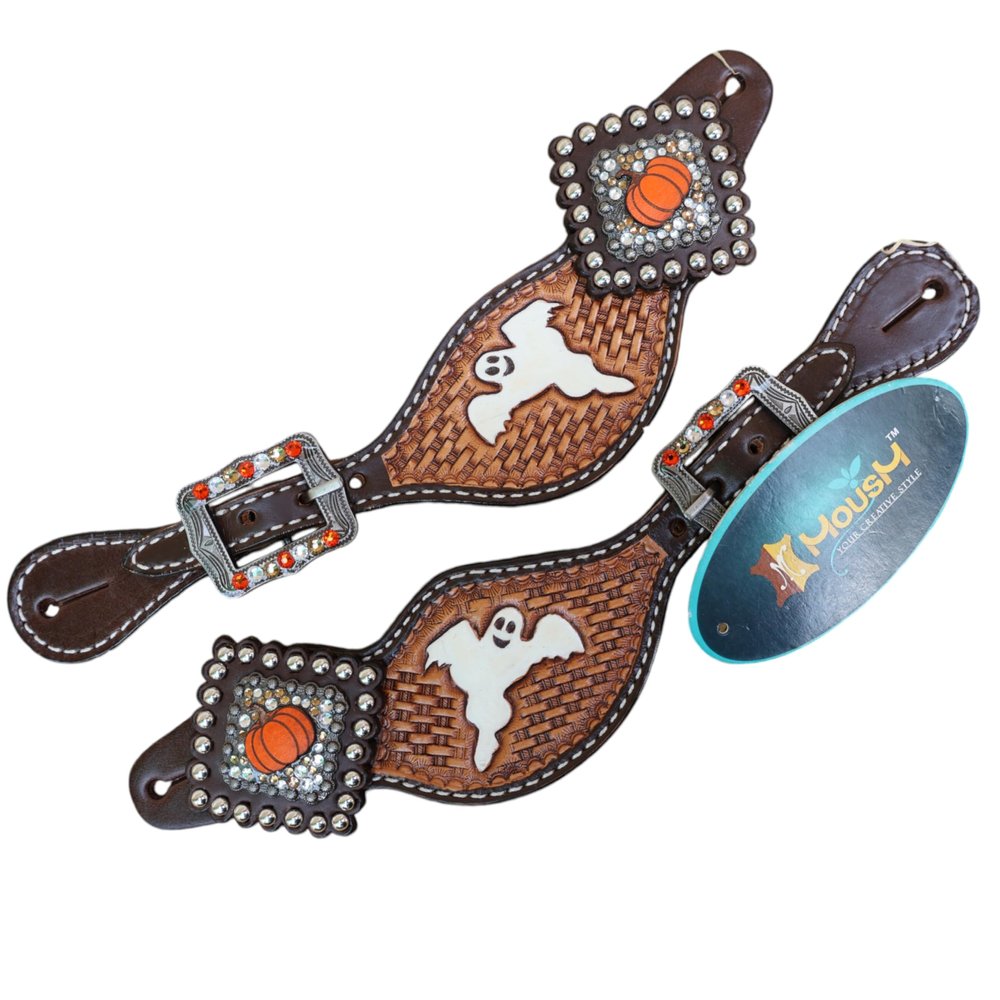 MOUSM Halloween Western Headstall Tack Set - Hand-Painted Cowboy Ghost, Basket Tooling, Antique Finish, Pumpkin Rhinestone Concho (Spur Strap)