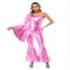 Alvivi 70s Costume for Women One Shoulder Flare Sleeve Bodysuit Metallic Bodycon Dance Jumpsuits Pink Medium view 1
