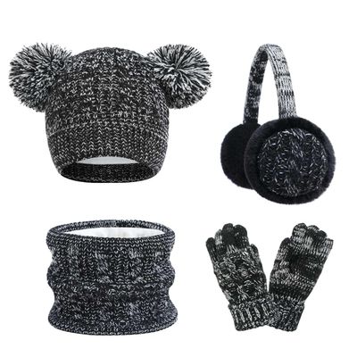 Kids 4pcs Hat Scarf Gloves Ear Warmers Set Winter Thermal Knitted Pom Pom Cap Thick Fluffy Outdoor Warm Accessories Sets