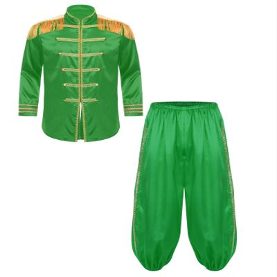 FEESHOW Men's Sergeant Pepper Jacket Musician Cosplay Jacket Zipper Front Satin Jacket Coat with Harem Pants Green Small