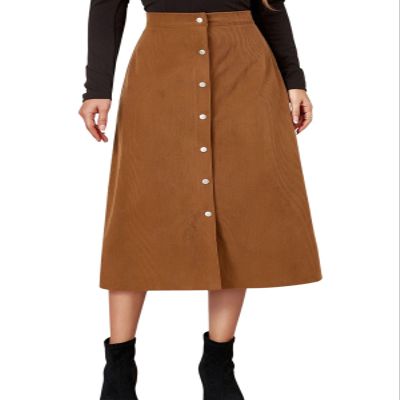 ebossy Women's Solid Basic High Waisted Corduroy Midi Skirts Button Front A-line Slim Wrap Skirt for Spring Fall (S, Brown)