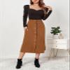 ebossy Women's Solid Basic High Waisted Corduroy Midi Skirts Button Front A-line Slim Wrap Skirt for Spring Fall (S, Brown) view 2