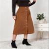 ebossy Women's Solid Basic High Waisted Corduroy Midi Skirts Button Front A-line Slim Wrap Skirt for Spring Fall (S, Brown) view 3