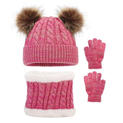 3PCS Children Winter Hat Scarf Gloves Set Kids Warm Thick Pom Pom Hat Cap Outdoor Thermal Accessories Sets Rose Red