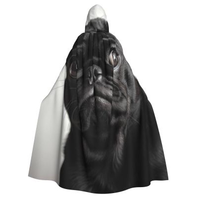 Dwrepo Cute Black Pug Dog Halloween Hooded Cloak Full Length Adult Vampire Witch Cape for Halloween Cosplay Costumes