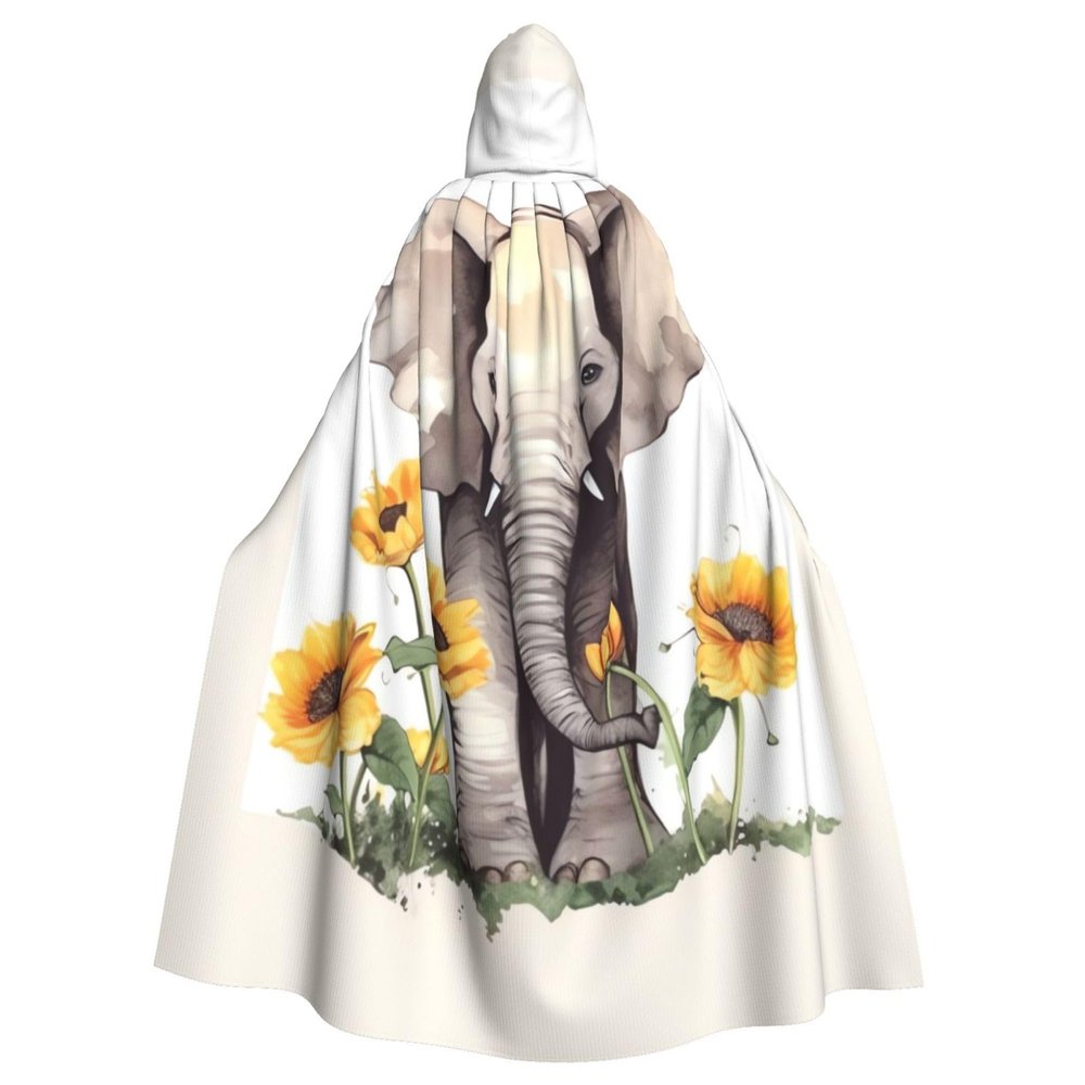 Dwrepo Elephant and Sunflower Halloween Hooded Cloak Full Length Adult Vampire Witch Cape for Halloween Cosplay Costumes