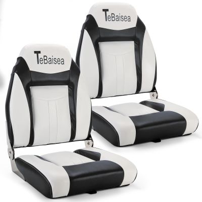TeBaisea 2pcs Boat Seat, Fishing High Back Seat, Folding Boat Seat, Microfiber Leather Seat Wear Resistant Waterproof Sunproof 316 Stainless Steel Hinge (Black+White)