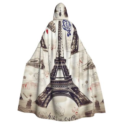 Dwrepo French Paris Tour Eiffel Tower Halloween Hooded Cloak Full Length Adult Vampire Witch Cape for Halloween Cosplay Costumes