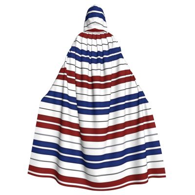 Dwrepo Red Blue White Gray Stripes Halloween Hooded Cloak Full Length Adult Vampire Witch Cape for Halloween Cosplay Costumes