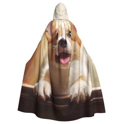 Dwrepo Cute Corgi Halloween Hooded Cloak Full Length Adult Vampire Witch Cape for Halloween Cosplay Costumes