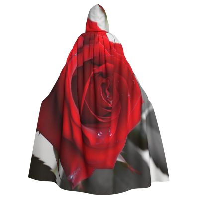 Dwrepo Red Rose Pattern Halloween Hooded Cloak Full Length Adult Vampire Witch Cape for Halloween Cosplay Costumes