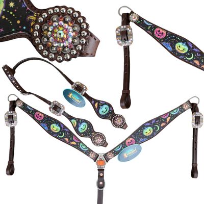 MOUSM Western Leather Headstall and Breast Collar Tack Set - Fluorescent Halloween Pumpkin and Bats Print with Rhinestone Conchos