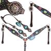 MOUSM Western Leather Headstall and Breast Collar Tack Set - Fluorescent Halloween Pumpkin and Bats Print with Rhinestone Conchos view 1