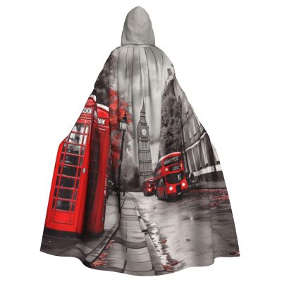 Red London Street Halloween Hooded Cloak Full Length Adult Vampire Witch Cape for Halloween Cosplay Costumes