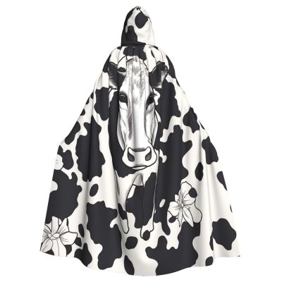Dwrepo Black And White Cow Halloween Hooded Cloak Full Length Adult Vampire Witch Cape for Halloween Cosplay Costumes