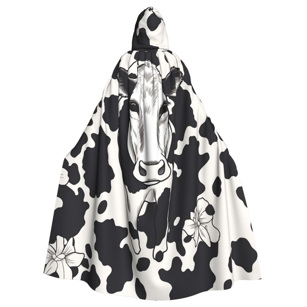 Dwrepo Black And White Cow Halloween Hooded Cloak Full Length Adult Vampire Witch Cape for Halloween Cosplay Costumes