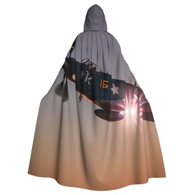 Dwrepo World War 2 Aircraft Airplane Halloween Hooded Cloak Full Length Adult Vampire Witch Cape for Halloween Cosplay Costumes