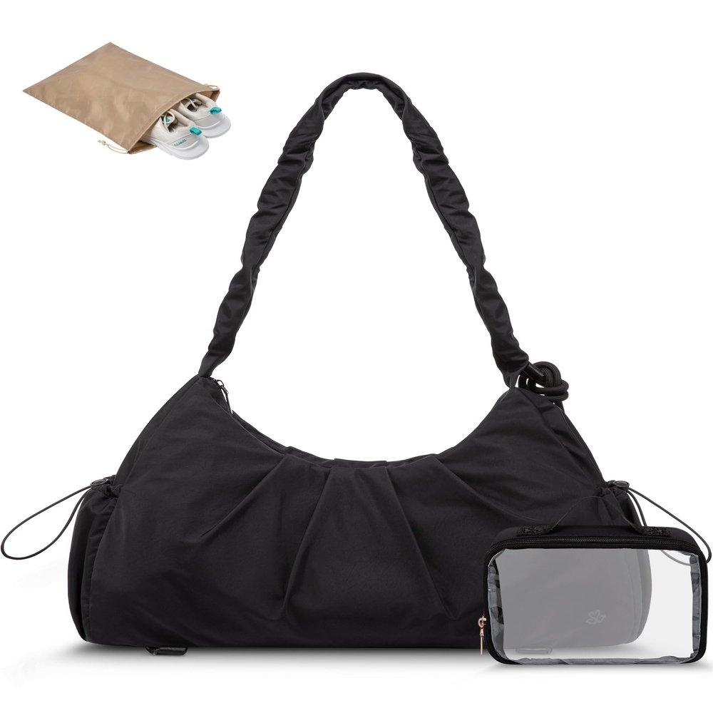 LOVEVOOK Gym Duffel Bag for Women, Weekender Overnight Bag with Wet Pocket, Workout Dance Bag, Sports Tote Bags with Hidden Yoga Mat Holder- Black
