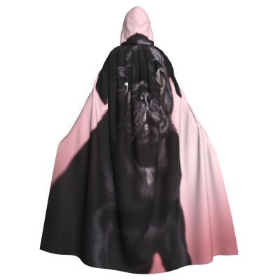 Dwrepo Cute Black Pug Halloween Hooded Cloak Full Length Adult Vampire Witch Cape for Halloween Cosplay Costumes