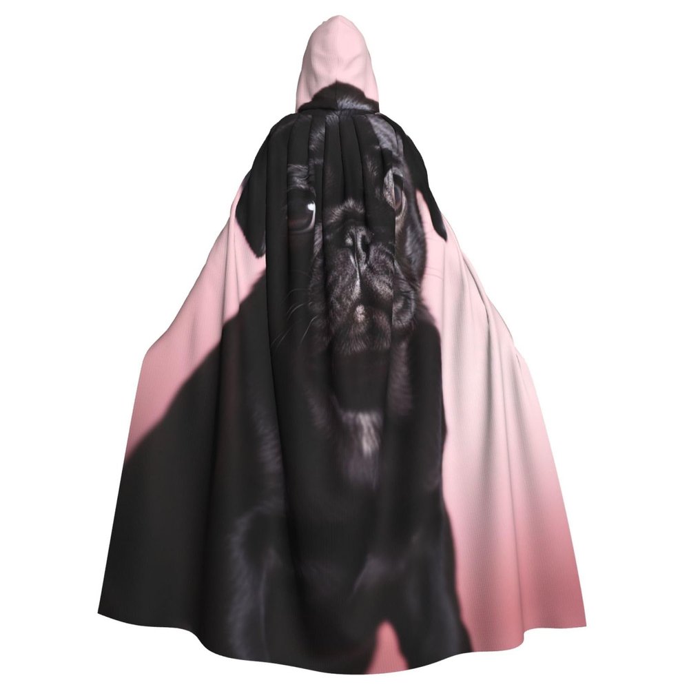 Dwrepo Cute Black Pug Halloween Hooded Cloak Full Length Adult Vampire Witch Cape for Halloween Cosplay Costumes