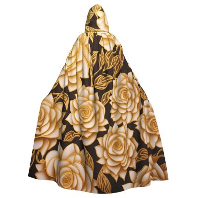 Dwrepo Many Golden Flowers Halloween Hooded Cloak Full Length Adult Vampire Witch Cape for Halloween Cosplay Costumes