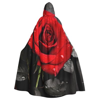 Dwrepo Black Red Rose Halloween Hooded Cloak Full Length Adult Vampire Witch Cape for Halloween Cosplay Costumes