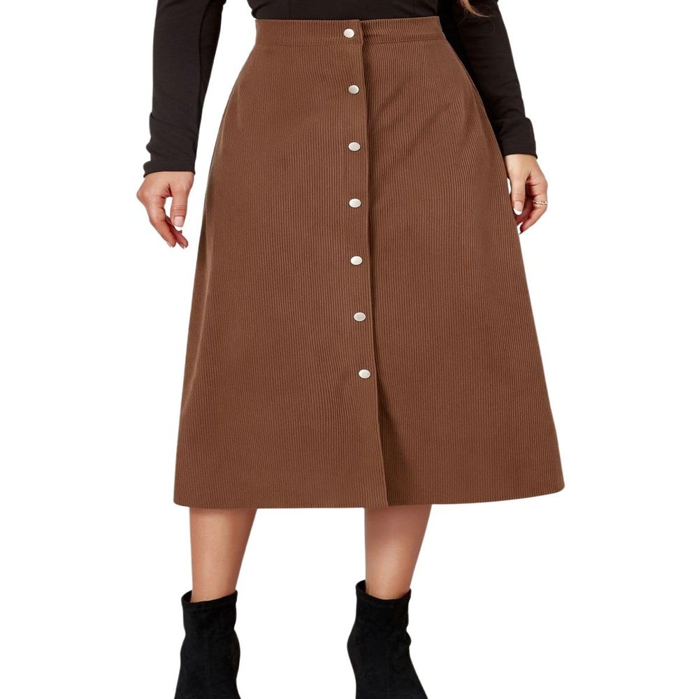 ebossy Women's Solid Basic High Waisted Corduroy Midi Skirts Button Front A-line Slim Wrap Skirt for Spring Fall (M, Coffee)