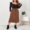 ebossy Women's Solid Basic High Waisted Corduroy Midi Skirts Button Front A-line Slim Wrap Skirt for Spring Fall (M, Coffee) view 2