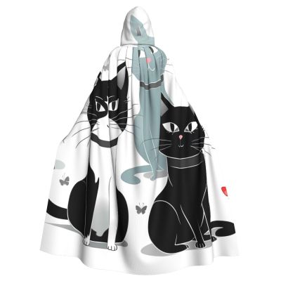 Dwrepo Black and White Cats Halloween Hooded Cloak Full Length Adult Vampire Witch Cape for Halloween Cosplay Costumes