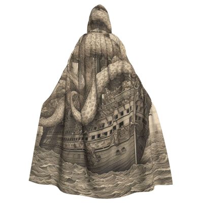 Dwrepo Sailing Pirate Octopus Halloween Hooded Cloak Full Length Adult Vampire Witch Cape for Halloween Cosplay Costumes