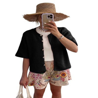 Women's Cardigans Shirt Short Sleeve Button Down Sweater Crop Top Y2k Fashion Knitted Shirt Top Streewear (standard, S, Black)