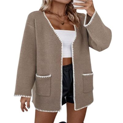 chouyatou Women's Color Block Embroidered Knit Cardigan Contrast Trim Open Front Sweater Jacket with Pockets (Small, Dark Khaki)